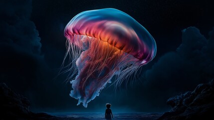 Fototapeta premium Child encounters a giant, glowing jellyfish in a surreal dreamscape.