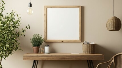 Warm, inviting workspace with a blank framed poster, plants, and woven storage. Rustic wood table against a neutral wall