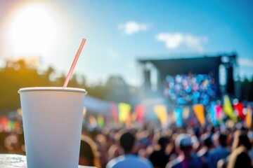 Concert Cup: A refreshing drink at an outdoor music event, with a stage and crowd creating a vibrant atmosphere under a sunny sky.
