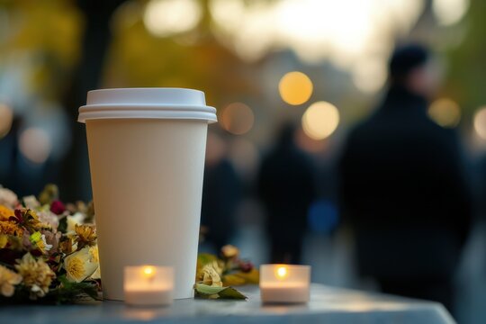 Still life with a white coffee cup, lit candles, and a bouquet. A somber scene with pedestrians in the background suggesting contemplation.