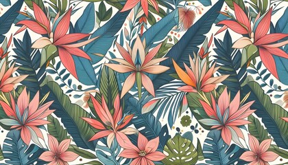 Vibrant Tropical Leaves and Flowers Pattern