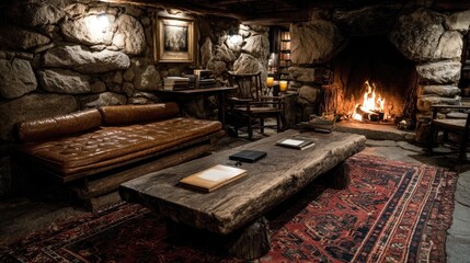 Rustic cabin features warm lighting, a cozy fireplace, and comfortable seating, creating the perfect space for winter relaxation