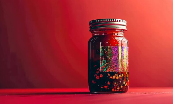 Glass jar with red spicy sauce on vibrant background