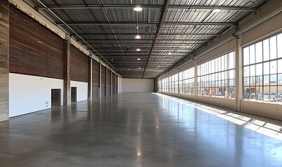 Large Empty Warehouse Interior with Concrete Floor Metal Roof and Natural Light Streaming Through Windows : Generative AI