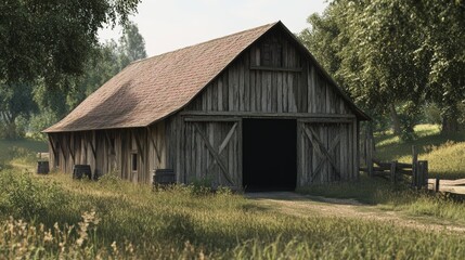 Fototapeta premium A rustic barn in the countryside with a weathered wooden exterior and a large open door