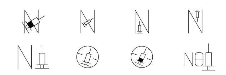 No syringe, hormones, antibiotic, drugs icons set. No injection symbol. Vector stock illustration isolated on white background for design template medical, pharmacy, hospital. Editable stroke line.