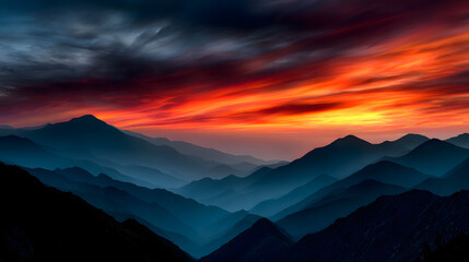 Obraz premium Fiery sky over layered mountain ridges fading into twilight.