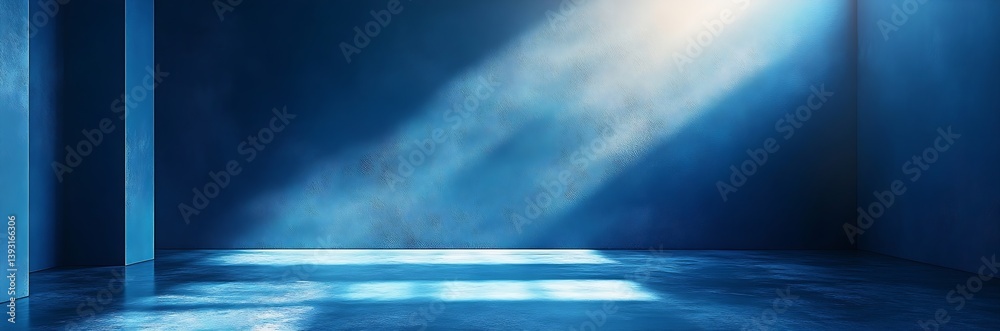Poster dramatic blue room interior with light beam shining through abstract empty space for product display