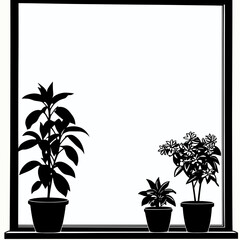 Obraz premium Potted plants on windowsill silhouette style in black and white symbolizing home gardening 