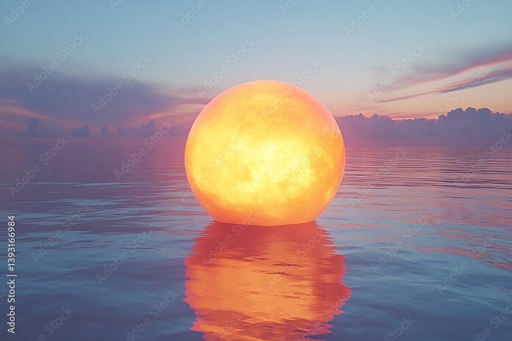 Aufkleber glowing orb floating on calm ocean water at sunset tranquil scene with golden light and reflections 