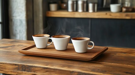 Fototapeta premium Coffee served on a wooden tray at a stylish cafe during morning hours with warm ambiance