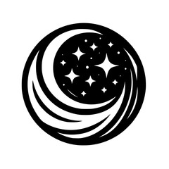 Obraz premium Celestial Circle Logo: Crescent Moon, Stars, & Swirls in Black & White
