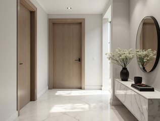 Minimalist, classic interior design of modern home entryway with door. Hall featuring a marble console table, clean lines, neutral tones, and sleek modern decor.