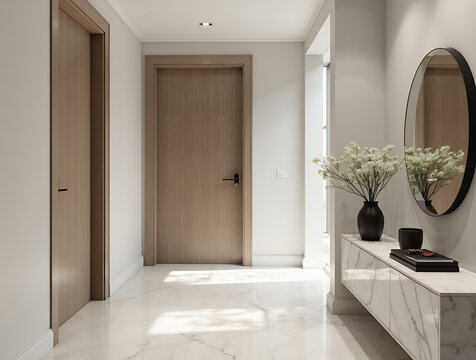 Minimalist, classic interior design of modern home entryway with door. Hall featuring a marble console table, clean lines, neutral tones, and sleek modern decor.