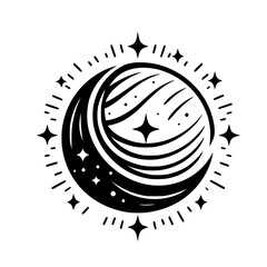 Celestial Crescent Moon and Stars, Black and White Minimalist Icon