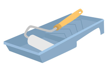 Paint tray with roller, hand drawn flat vector illustration