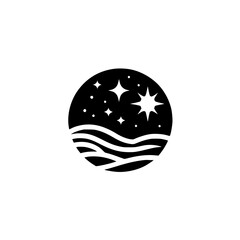 Minimalist Night Sky over Ocean Logo, Black and White, Circle Design