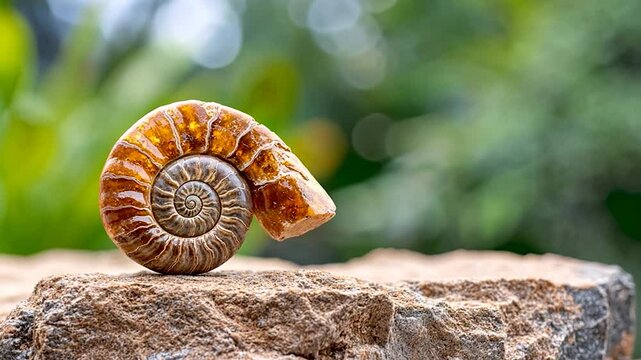 Close-up of a beautifully patterned fossilized ammonite shell resting on a rocky surface outdoors