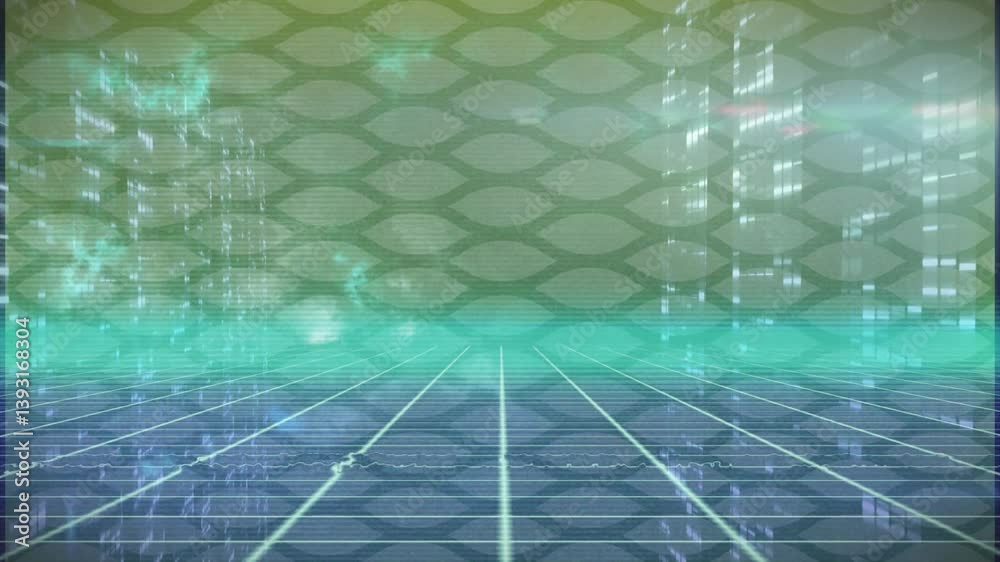 Poster animation of glowing lines and abstract patterns in futuristic digital grid landscape