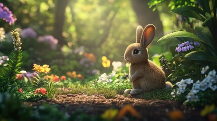 Cute Rabbit Sitting Amongst Wildflowers in a Sunny Forest Glade