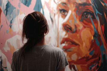 Obraz premium Woman's back, facing large abstract portrait painting, showcasing appreciation for art, cultural experience and visual storytelling