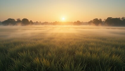 Fototapeta premium Serene sunrise over misty fields rural landscape nature photography tranquil environment wide-angle view dawn concept for peaceful reflection