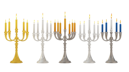 Set of traditional golden and silver menorah with candles collection isolated on white background