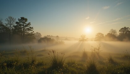 Obraz premium Morning mist sunrise over tranquil meadow landscape nature photography serene environment peaceful viewpoint scenic concept