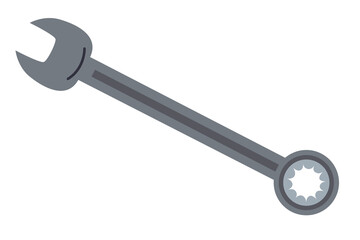 Flat vector illustration of a metal wrench with an open-end and ring-end design, used for tightening or loosening bolts