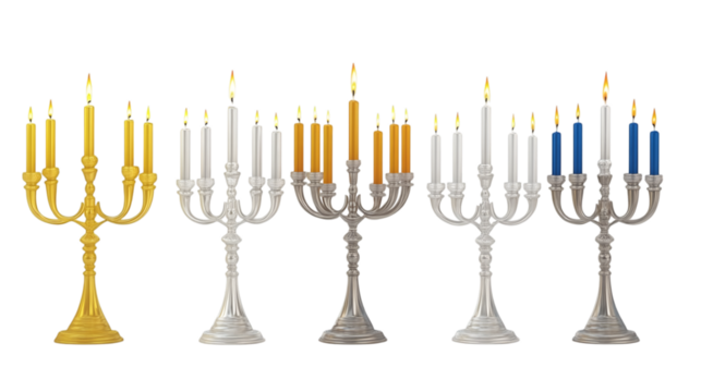 Set of traditional golden and silver menorah with candles collection isolated on white background