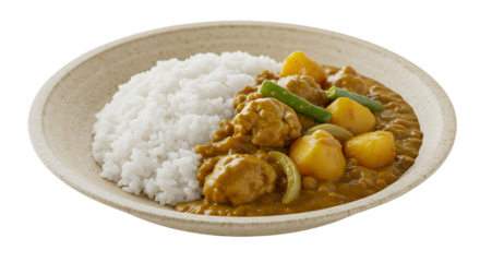 Delicious plate of aromatic curry with rice and colorful vegetables