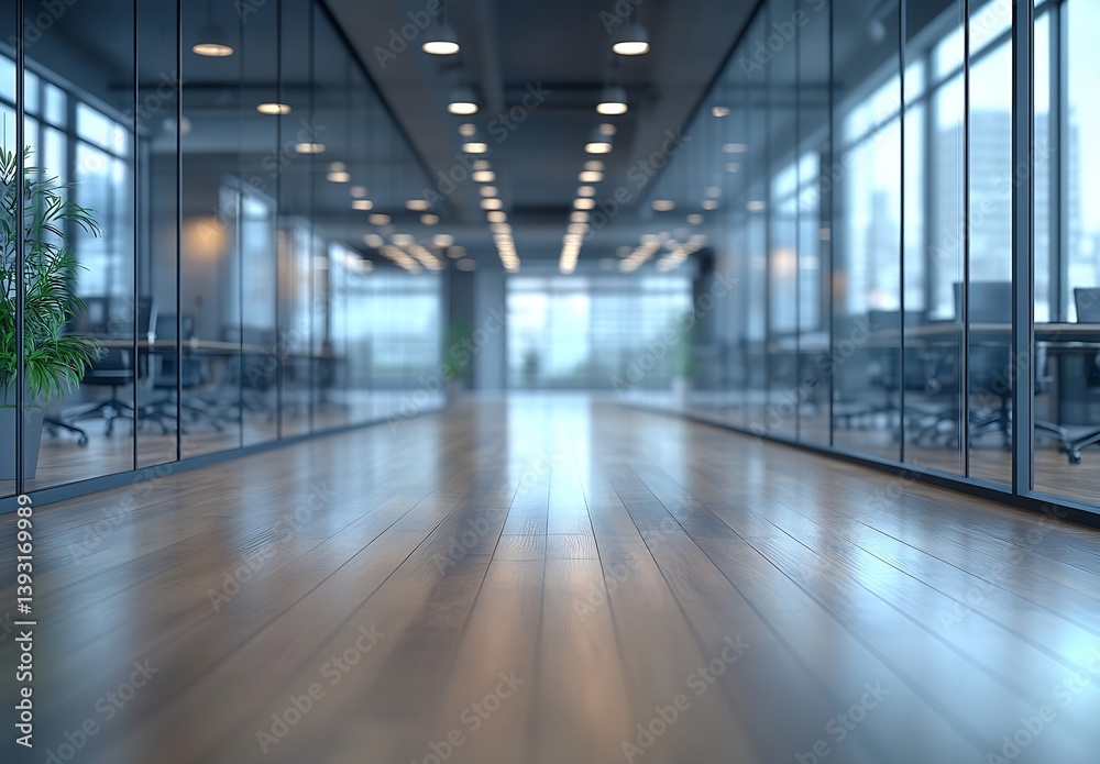 Poster modern office interior with glass walls and wood floors empty workspace clean and minimalistic desig