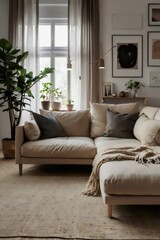 Obraz premium A living room with a white couch and a plant