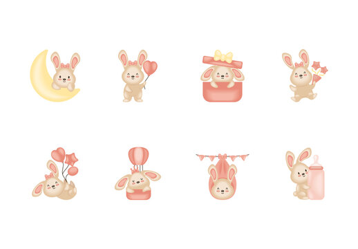 Pink And Beige Cute Baby Girl Bunny Stickers Set