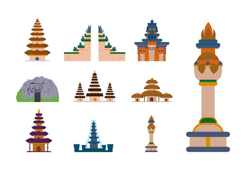 Brown And Blue Traditional Balinese Landmark Icons Set