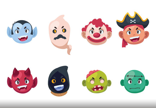 Colorful Halloween Funny Character Faces Design Set