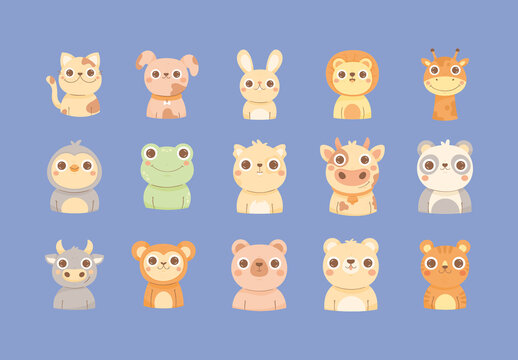 Colorful Adorable Baby Animal Character Design Set