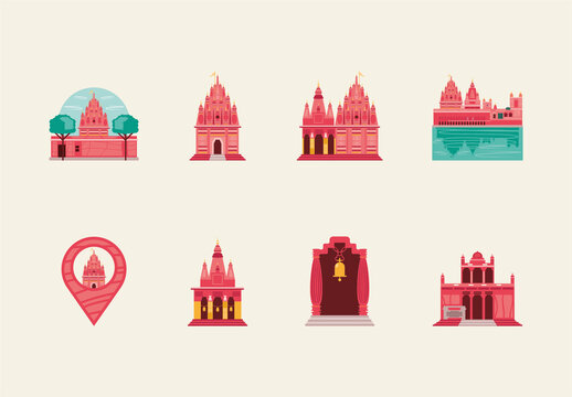 Pink And Yellow Hindu Durga Temple Icons Set