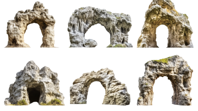 Set of various arch shape natural rock cave entrance isolated on white background