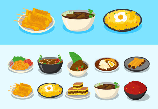 Yellow And Red Indonesian National Dishes Illustration Set