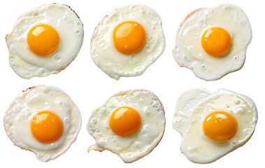Six perfectly cooked fried eggs are arranged on a bright white surface. Each egg features a vibrant yellow yolk and crispy, lightly browned edges, ideal for breakfast.