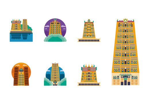 Vibrant Meenakshi Temple Landmark Vector Illustration Set