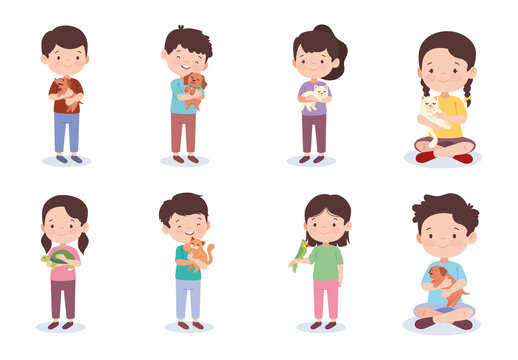 Beige And Pink Kids With Cute Domestic Animals Stickers Set