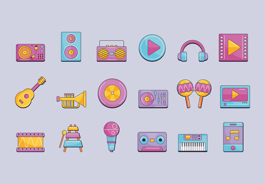 Bright Modern Instruments And Audio Player Icons Set