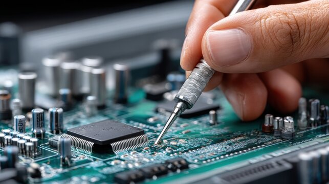 Great depression, A close-up of a hand using a tool to work on a green circuit board, highlighting intricate electronic components and precision in technology.
