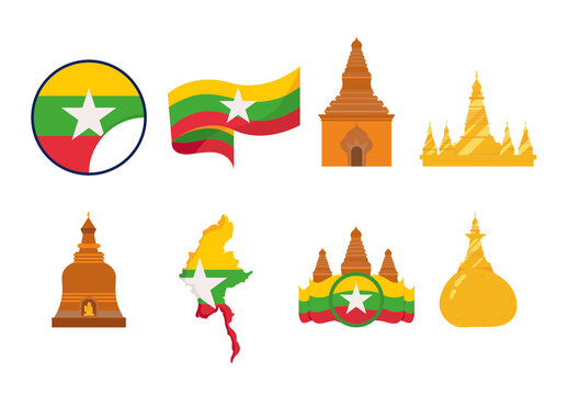 Iconic Myanmar Pagoda Landmark Culture Illustration Set