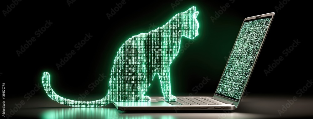 Fototapete A cat silhouette made of glowing green binary code is located in front of a laptop on a black background, showcasing futuristic digital art