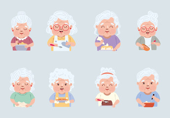 Grey And Red Cute Grandma Cooking Illustration Set