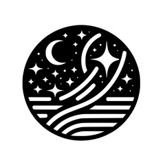Night Sky Circle Logo: Moon, Stars, Waves, Black & White Minimal