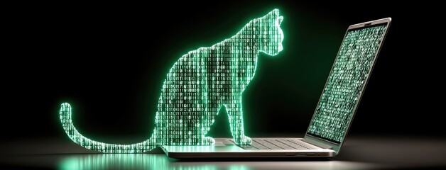 A cat silhouette made of glowing green binary code is located in front of a laptop on a black background, showcasing futuristic digital art